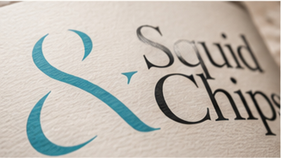 Close-up of the textured Squid & Chips label and typography