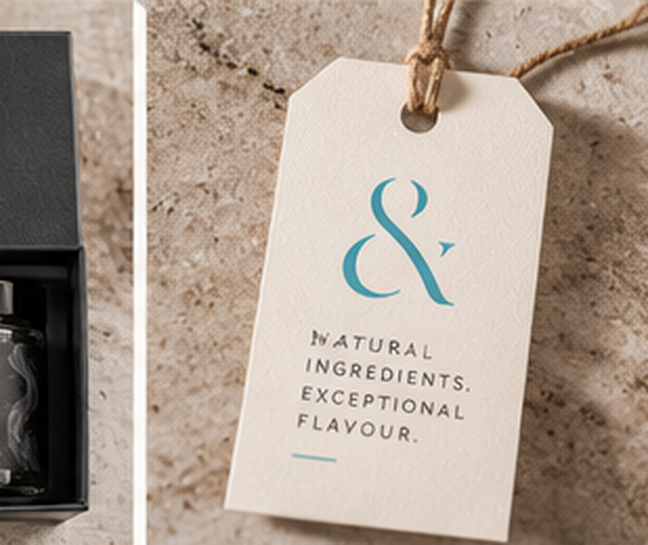 Natural paper hang tag with turquoise ampersand branding