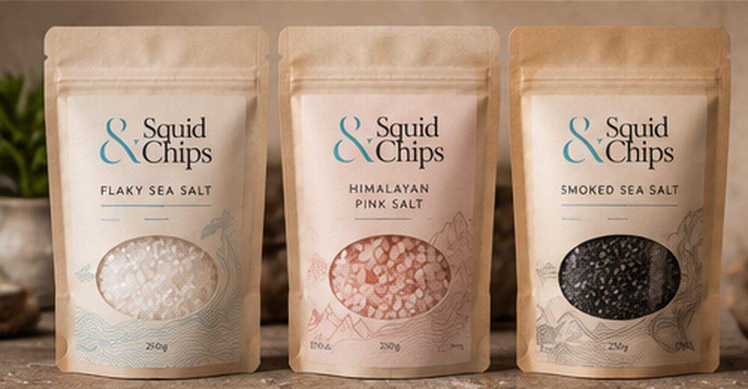 Three Squid & Chips refill pouches for different salts