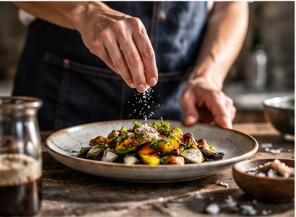 A cook finishing a carefully plated dish with salt